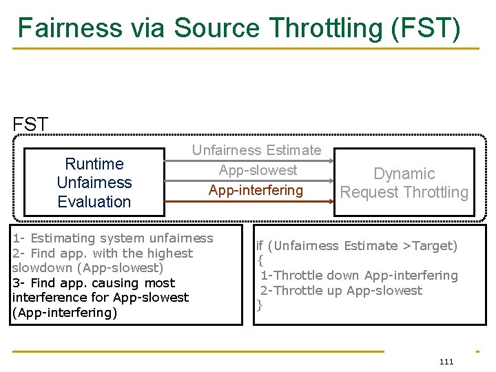 Fairness via Source Throttling (FST) FST Runtime Unfairness Evaluation Unfairness Estimate App-slowest App-interfering 1