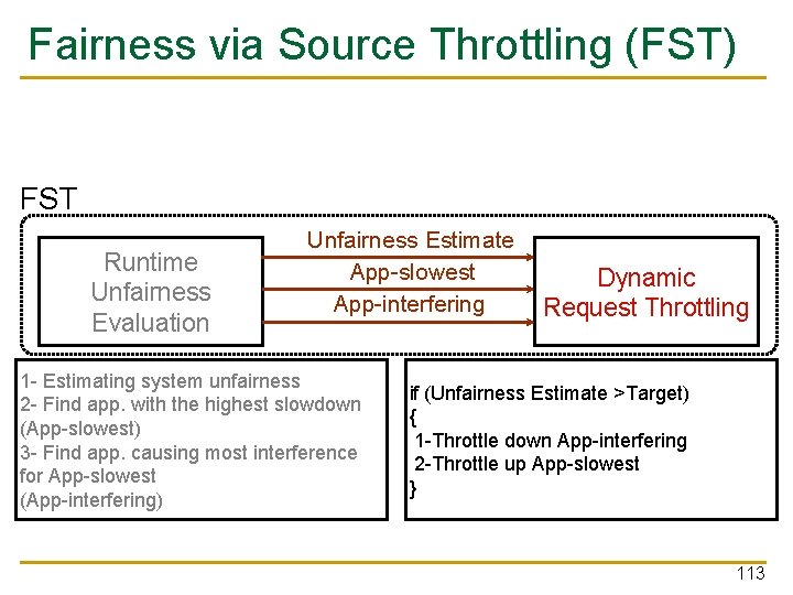 Fairness via Source Throttling (FST) FST Runtime Unfairness Evaluation Unfairness Estimate App-slowest App-interfering 1