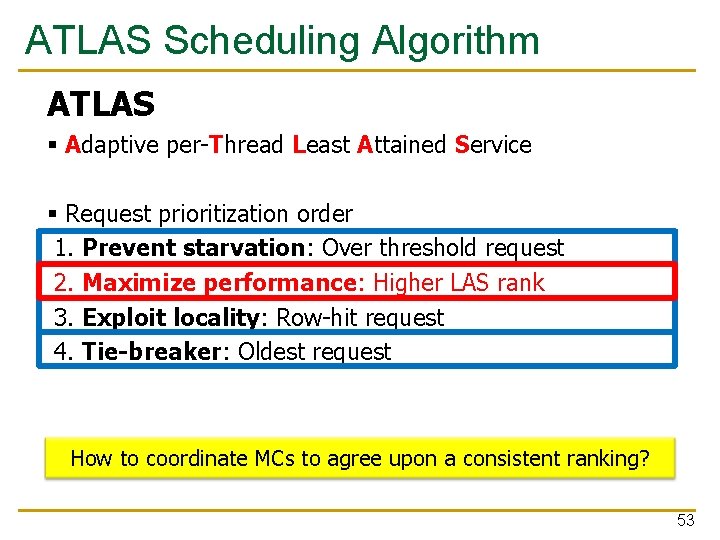 ATLAS Scheduling Algorithm ATLAS § Adaptive per-Thread Least Attained Service § Request prioritization order