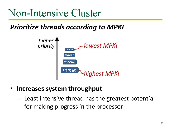 Non-Intensive Cluster Prioritize threads according to MPKI higher priority thread lowest MPKI thread highest