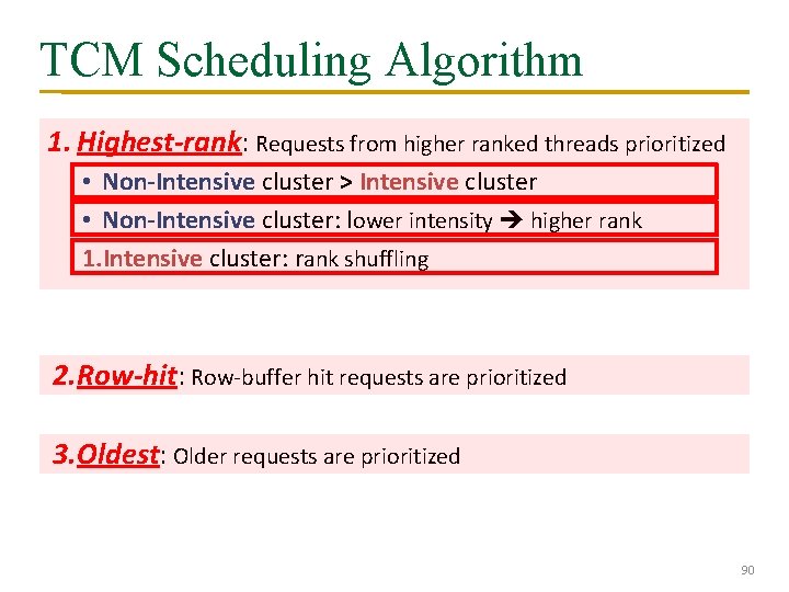 TCM Scheduling Algorithm 1. Highest-rank: Requests from higher ranked threads prioritized • Non-Intensive cluster