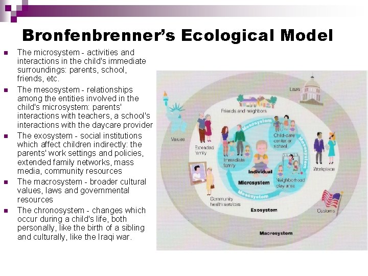 Bronfenbrenner’s Ecological Model n n n The microsystem - activities and interactions in the