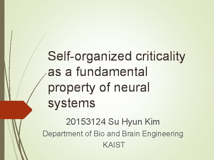 Self-organized criticality as a fundamental property of neural systems 20153124 Su Hyun Kim Department