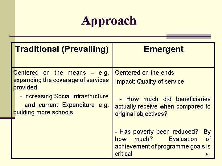 Approach Traditional (Prevailing) Emergent Centered on the means – e. g. expanding the coverage