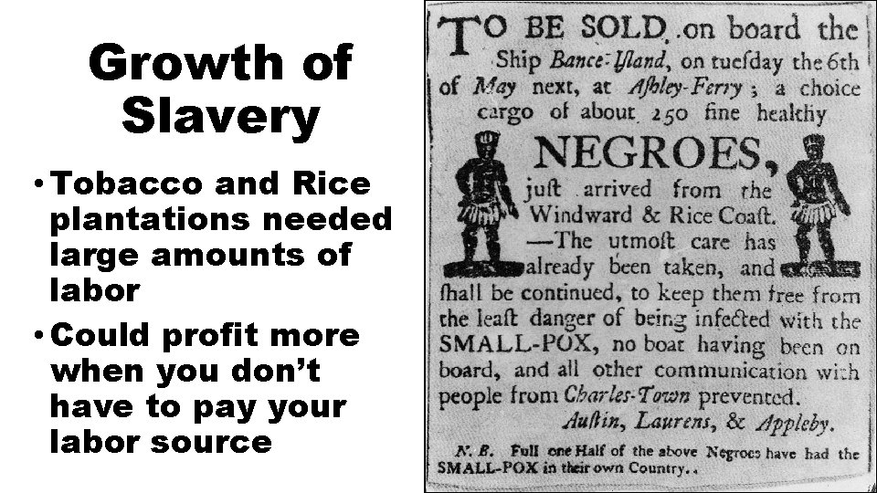 Growth of Slavery • Tobacco and Rice plantations needed large amounts of labor •