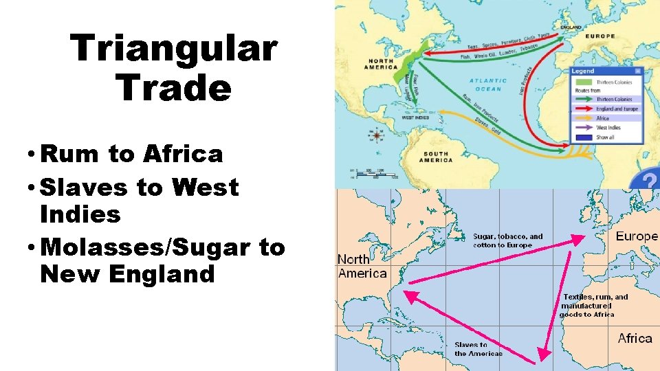 Triangular Trade • Rum to Africa • Slaves to West Indies • Molasses/Sugar to