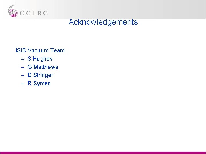 Acknowledgements ISIS Vacuum Team – S Hughes – G Matthews – D Stringer –