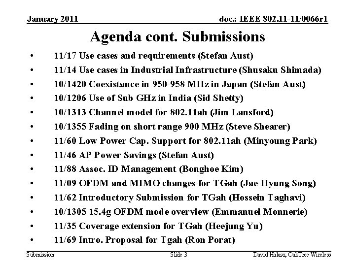 January 2011 doc. : IEEE 802. 11 -11/0066 r 1 Agenda cont. Submissions •