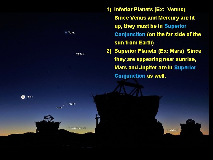 1) Inferior Planets (Ex: Venus) Since Venus and Mercury are lit up, they must