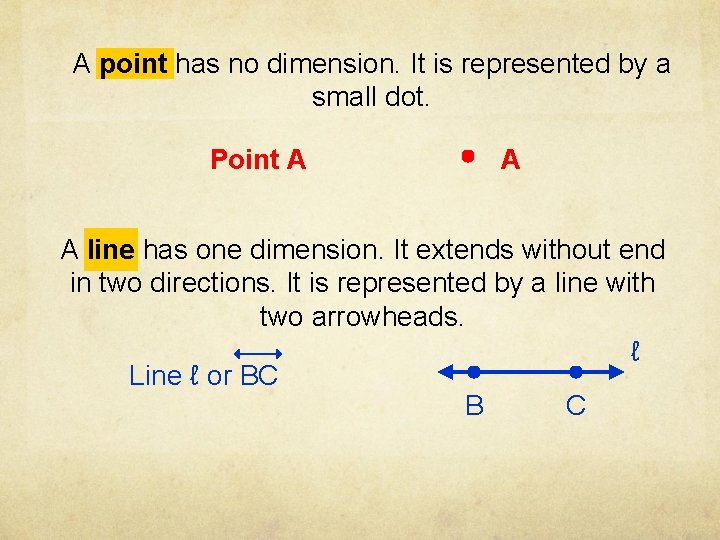 A point has no dimension. It is represented by a small dot. Point A