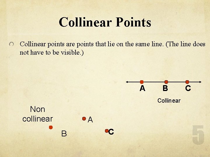 Collinear Points Collinear points are points that lie on the same line. (The line