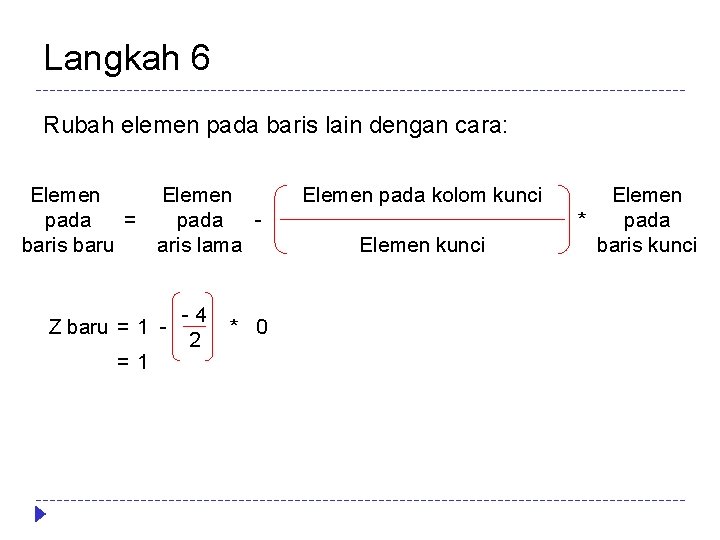 Langkah 6 Rubah elemen pada baris lain dengan cara: Elemen pada = baris baru Langkah 6 Rubah elemen pada baris lain dengan cara: Elemen pada = baris baru