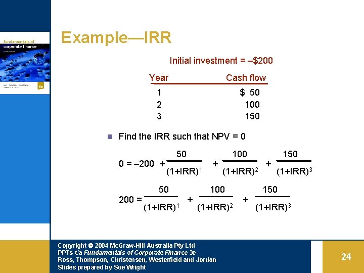 Example—IRR Initial investment = –$200 Year Cash flow 1 2 3 $ 50 100