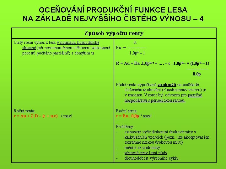 OCEŇOVÁNÍ PRODUKČNÍ FUNKCE LESA NA ZÁKLADĚ NEJVYŠŠÍHO ČISTÉHO VÝNOSU – 4 Způsob výpočtu renty