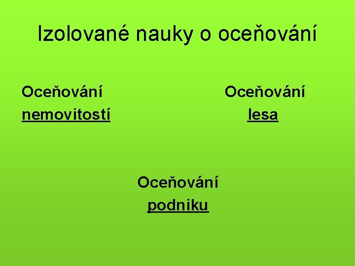 Izolované nauky o oceňování Oceňování nemovitostí Oceňování lesa Oceňování podniku 
