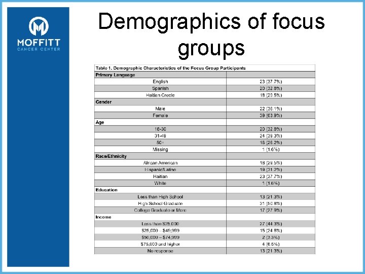 Demographics of focus groups 