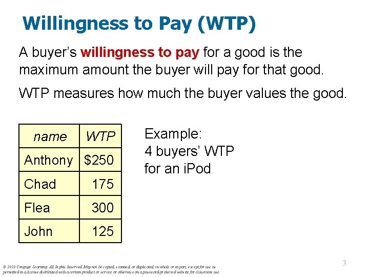 Willingness to Pay (WTP) A buyer’s willingness to pay for a good is the
