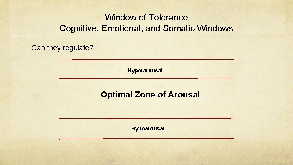 Window of Tolerance Cognitive, Emotional, and Somatic Windows Can they regulate? Hyperarousal Optimal Zone