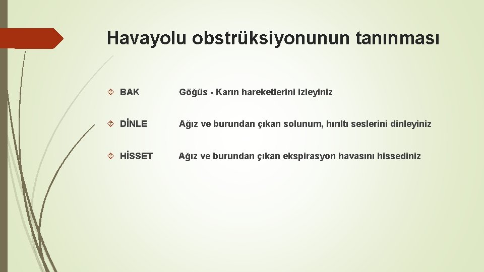 Havayolu obstrüksiyonunun tanınması BAK Göğüs - Karın hareketlerini izleyiniz DİNLE Ağız ve burundan çıkan