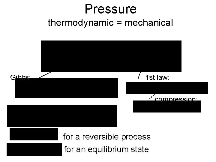 Pressure thermodynamic = mechanical Gibbs: 1 st law: compression: for a reversible process for