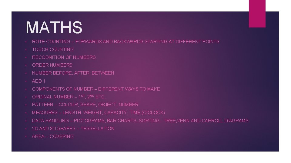 MATHS • ROTE COUNTING – FORWARDS AND BACKWARDS STARTING AT DIFFERENT POINTS • TOUCH