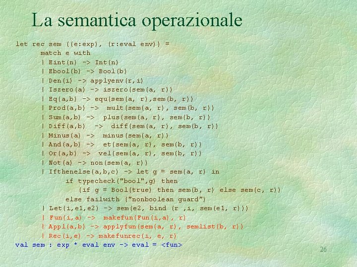 La semantica operazionale let rec sem ((e: exp), (r: eval env)) = match e