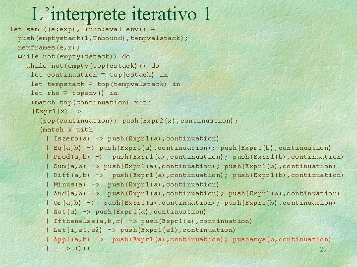 L’interprete iterativo 1 let sem ((e: exp), (rho: eval env)) = push(emptystack(1, Unbound), tempvalstack);