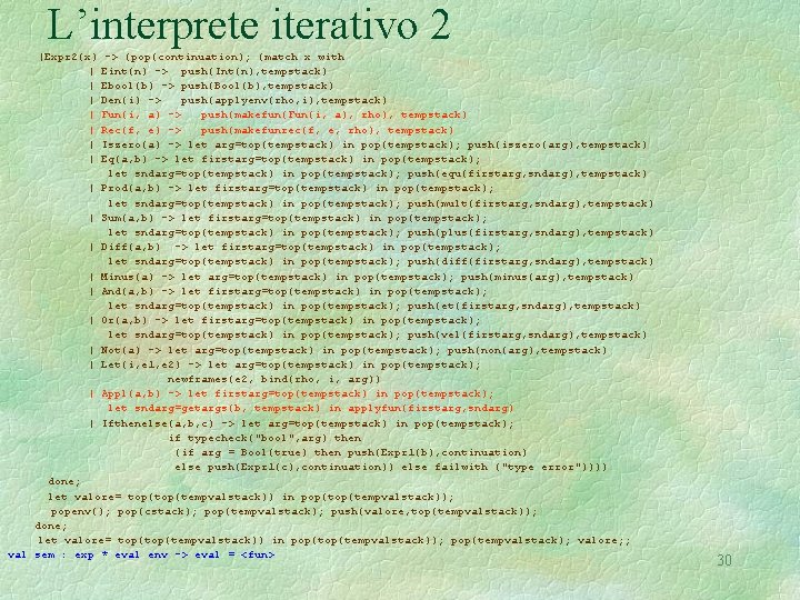 L’interprete iterativo 2 |Expr 2(x) | | | | | -> (pop(continuation); (match x