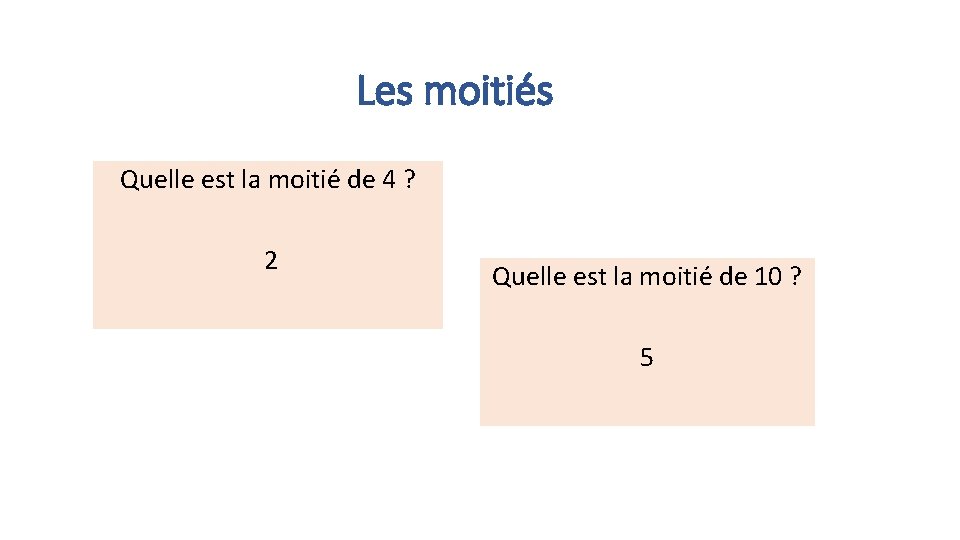 Les moitiés Quelle est la moitié de 4 ? 2 Quelle est la moitié