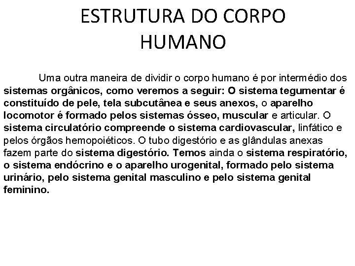 ESTRUTURA DO CORPO HUMANO Uma outra maneira de dividir o corpo humano é por