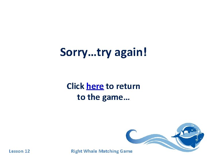 Sorry…try again! Click here to return to the game… Lesson 12 Right Whale Matching Sorry…try again! Click here to return to the game… Lesson 12 Right Whale Matching