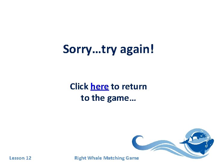 Sorry…try again! Click here to return to the game… Lesson 12 Right Whale Matching Sorry…try again! Click here to return to the game… Lesson 12 Right Whale Matching