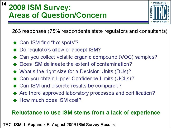 14 2009 ISM Survey: Areas of Question/Concern 263 responses (75% respondents state regulators and