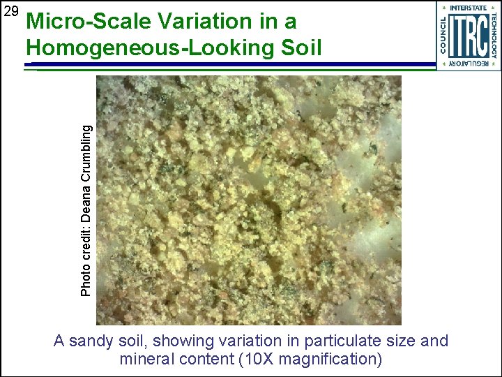 Micro-Scale Variation in a Homogeneous-Looking Soil Photo credit: Deana Crumbling 29 A sandy soil,