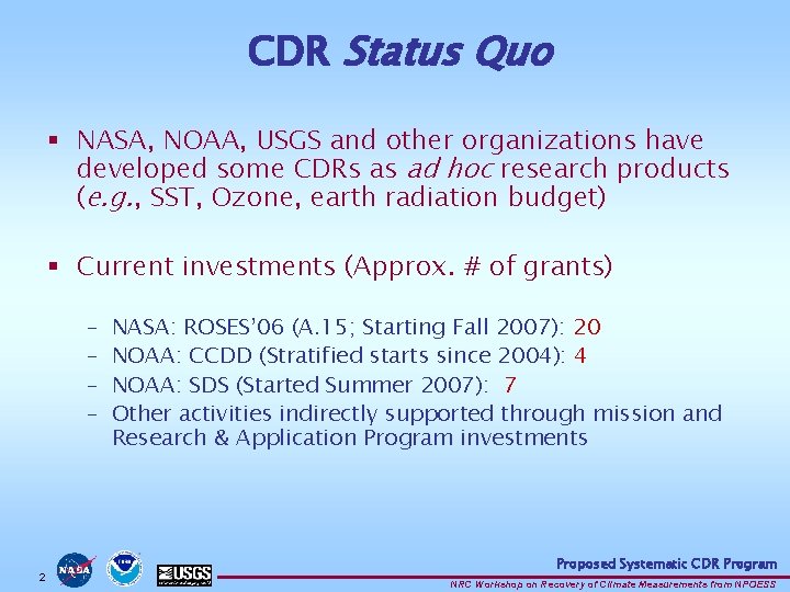 CDR Status Quo § NASA, NOAA, USGS and other organizations have developed some CDRs CDR Status Quo § NASA, NOAA, USGS and other organizations have developed some CDRs