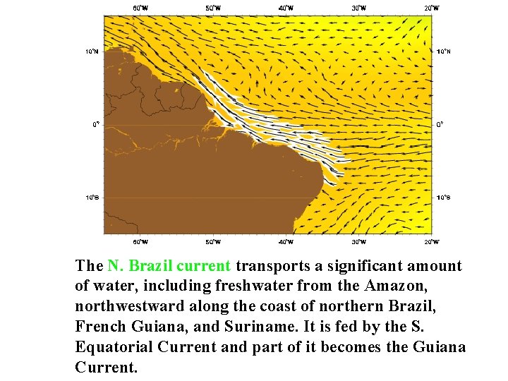 The N. Brazil current transports a significant amount of water, including freshwater from the