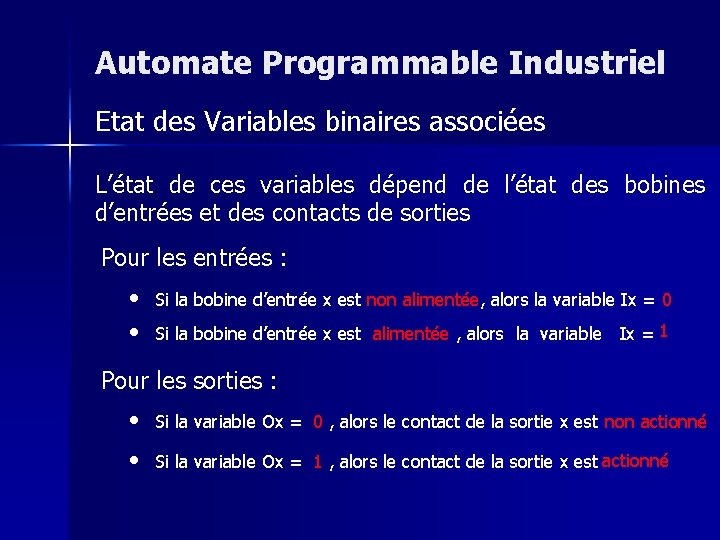 Automate Programmable Industriel Etat des Variables binaires associées L’état de ces variables dépend de