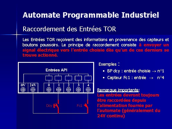 Automate Programmable Industriel Raccordement des Entrées TOR Les Entrées TOR reçoivent des informations en