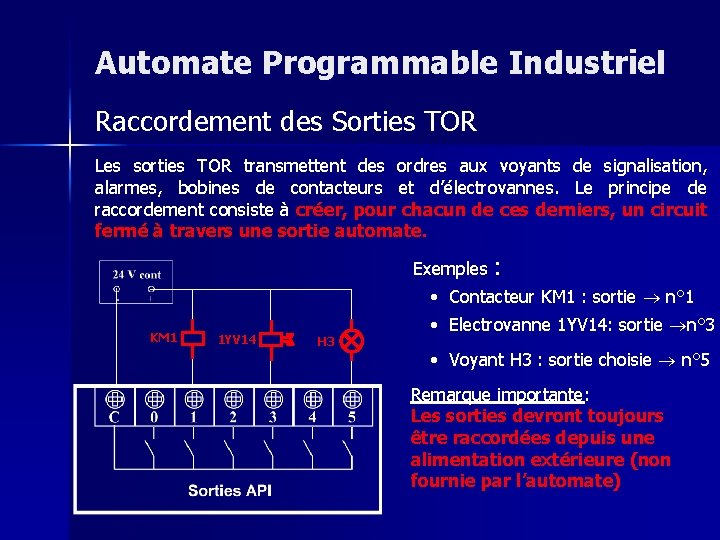 Automate Programmable Industriel Raccordement des Sorties TOR Les sorties TOR transmettent des ordres aux