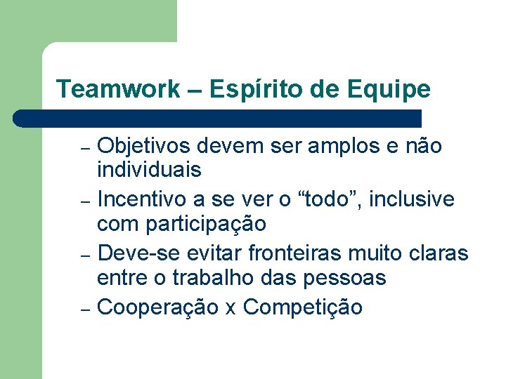 Teamwork – Espírito de Equipe Objetivos devem ser amplos e não individuais – Incentivo