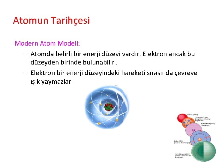 Atomun Tarihçesi Modern Atom Modeli: – Atomda belirli bir enerji düzeyi vardır. Elektron ancak