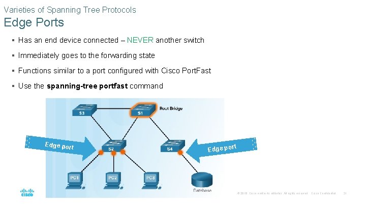 Varieties of Spanning Tree Protocols Edge Ports § Has an end device connected – Varieties of Spanning Tree Protocols Edge Ports § Has an end device connected –