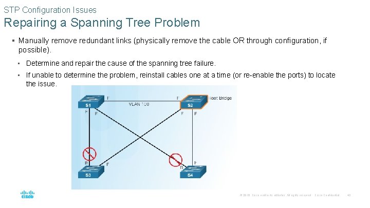 STP Configuration Issues Repairing a Spanning Tree Problem § Manually remove redundant links (physically STP Configuration Issues Repairing a Spanning Tree Problem § Manually remove redundant links (physically
