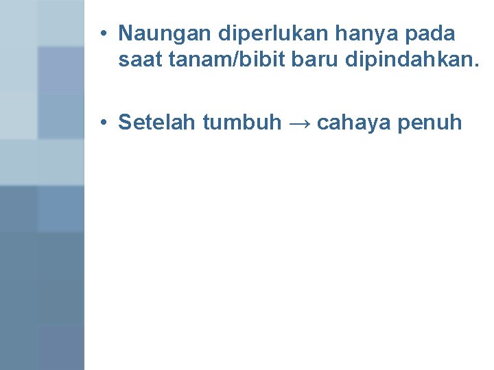  • Naungan diperlukan hanya pada saat tanam/bibit baru dipindahkan. • Setelah tumbuh →
