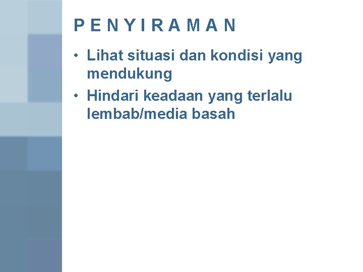 PENYIRAMAN • Lihat situasi dan kondisi yang mendukung • Hindari keadaan yang terlalu lembab/media