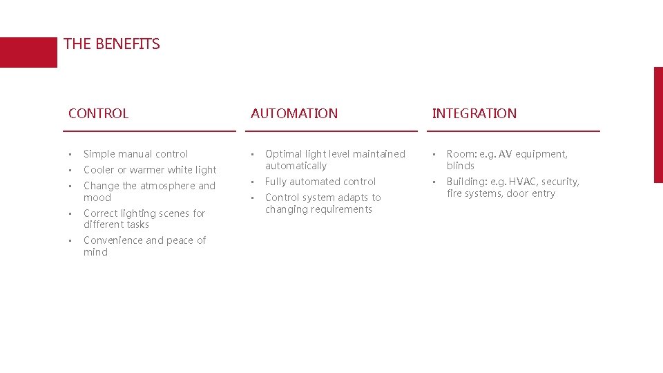 THE BENEFITS CONTROL • Simple manual control • Cooler or warmer white light •