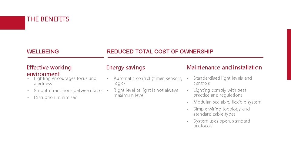 THE BENEFITS WELLBEING REDUCED TOTAL COST OF OWNERSHIP Effective working environment Energy savings •