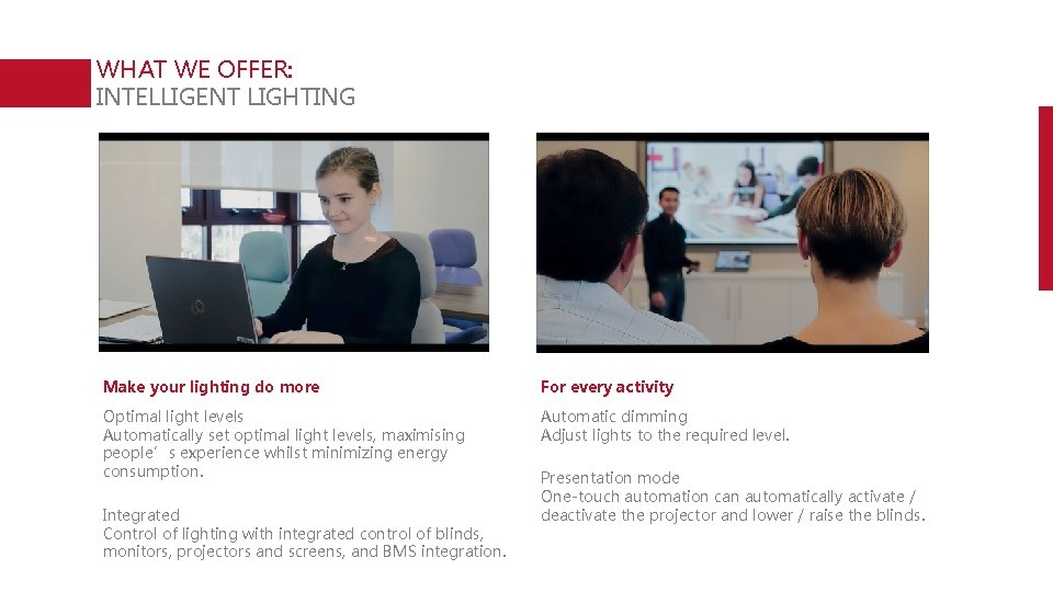 WHAT WE OFFER: INTELLIGENT LIGHTING Make your lighting do more For every activity Optimal