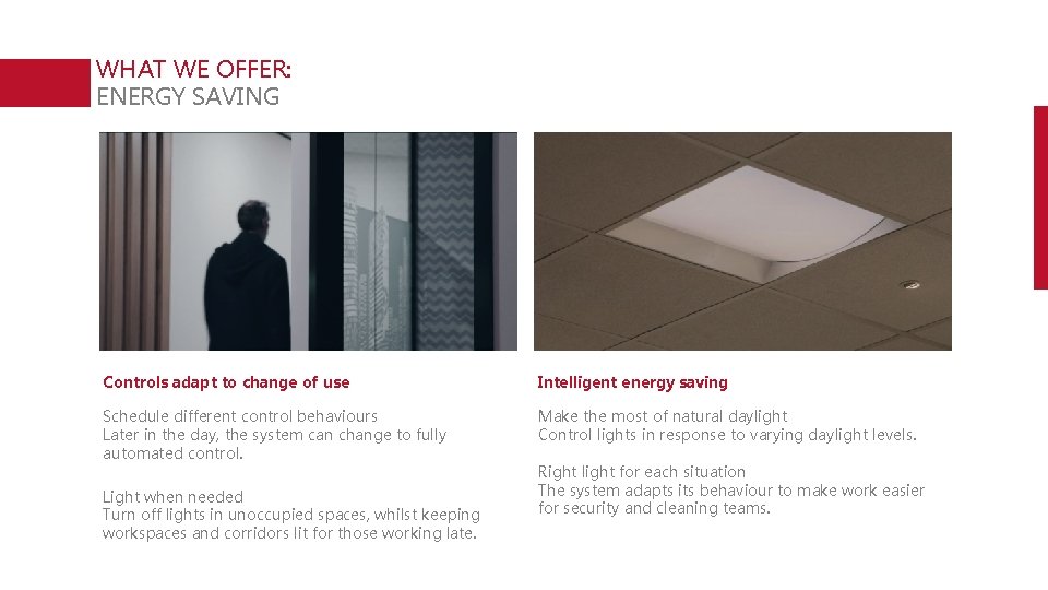 WHAT WE OFFER: ENERGY SAVING Controls adapt to change of use Intelligent energy saving