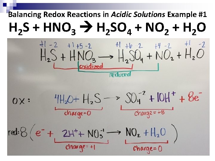 Balancing Redox Reactions in Acidic Solutions Example #1 H 2 S + HNO 3